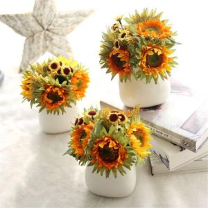 Künstliche Sonnenblumen, 1 Strauß, 5 Köpfe, Sonnenblumen-Dekorationen, Seidenblumenstrauß, Sonnenblumen-Tischdekoration, Heimdekoration