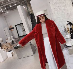 핑크 롱 테디 베어 재킷 코트 겨울 겨울 두꺼운 따뜻한 따뜻한 대형 멍청한 겉옷 오버 코트 여성의 모조 램스 웰 모피 코트 Flyfly988