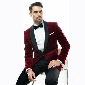 Latest Design One Button Wine Velvet Groom Tuxedos Shawl Lapel Men Suits 2 pieces Wedding/Prom/Dinner Blazer (Jacket+Pants+Tie) W721