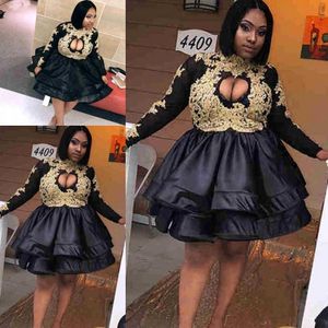 Vintage African Girls Black Homecoming Suknie Wysokiej Neck Keyhole Z Złotymi Aplikaami Linia Ruffles Mini krótki Party Suknie Koktajl Prom