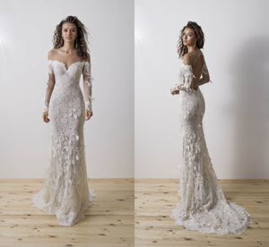 Eleganckie Suknie Ślubne Mermaid Jewel Długim Rękawem Hollow Lace Aplikacja Wedding Gown Sweep Train Robe de Mariée