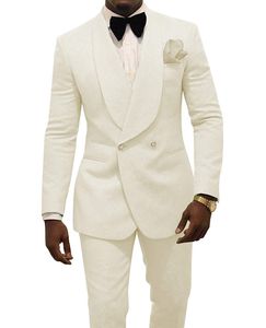 Elfenben Embossing Mens Bröllop Tuxedos Double-Breasted Groom Tuxedos Man Blazers Jacka Utmärkt 2 Piece Passits (Jacka + Byxor + Tie) 2062