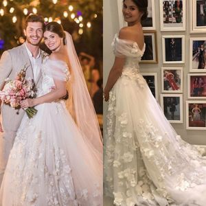 3D Kwiatowy Appliqued Berta Koronki Suknie Ślubne 2019 Off Ramię Pleats Koraliki Linia Suknie Ślubne Bride Boho Vestidos de Novia