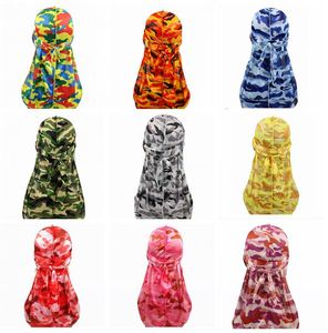 Miltary kamuflaż jedwabisty Durag gorący kolorowy Premium 360 fal długi tren jedwabisty Durags Hiphop czapki dla mężczyzn i kobiet wysokiej jakości du-rag