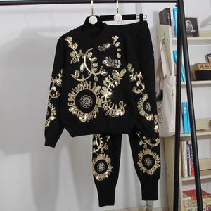 새로운 여성의 O- 넥 긴 슬리브 니트 고급스러운 Paillette 스팽글 Shinny Baroque Floral Pattern Sweater Top 및 Harem Long Pants 세트