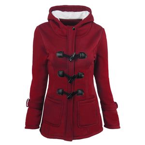 Damen-Mantel aus Baumwollmischung mit Kapuze, klassischer Mantel aus Rindshornleder mit Knöpfen, Mantel, Mantel mit Reißverschluss und Kapuze