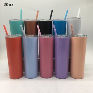 20oz caneca magro magro Brilhante tumbler em linha reta 18/8 de aço inoxidável 2 parede vácuo isolado glitter copo vidro vidro com canudos plásticos coloridos