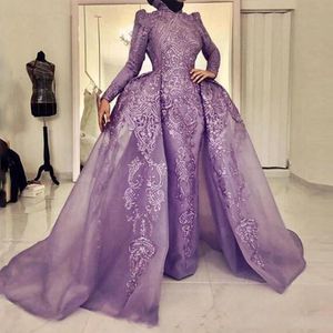 Chic Lavender Muslim Prom Dresses Mermaid Long Sleeve Detachable Train Mermaid Evening Dress Lace Appliques Formal Gowns Wear