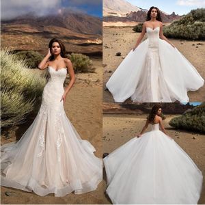 2019 Muhteşem Mermaid Gelinlik Ile Overkirts Ayrılabilir Tren Lace Up Gelin Törenlerinde Dantel Aplike Kolsuz Plaj Robe de Mariée