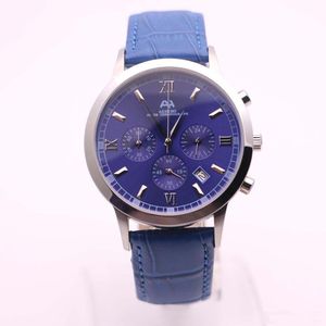 Cheap AEHIBO Quartz Battery Roman Number Hour Markers Mens Watch Watches 43MM Blue Dial Chronograph Hardlex Wristwatches Leather Band