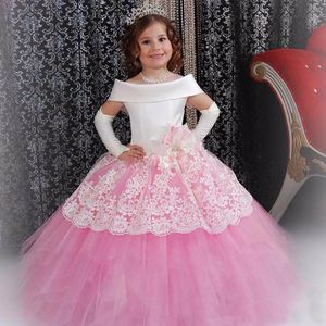 Princess Little Girls Pageant Dresses White and Pink Handmade Flower Lace Puffy Kid Birthday Party Gowns Prom Dresses Custom Made
