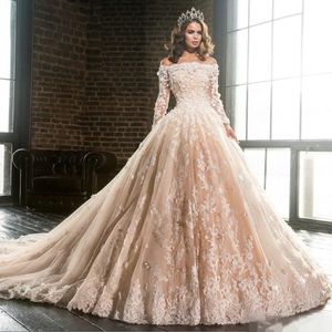 Vintage Long Sleeve Lace Appliques Ball Gown Wedding Dresses Bridal Gowns Luxury Off The Shoulder Flowers Puffy Champagne Quinceanera Dress