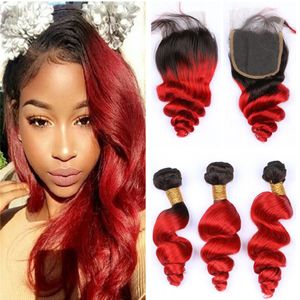 Ombre Red Brazylijski wiązki włosów z zamknięciem 2 ton 1b / czerwony luźny fala zamknięcie włosów i pakiety Red Ombre Human Hair Weaves