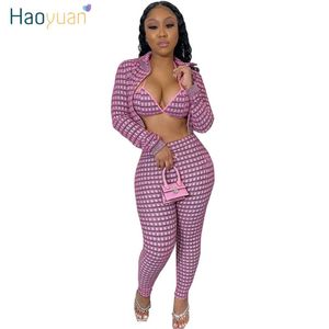 Haoyuan Sexy Plaid 3 Piece Set Kvinna Festival Kläder Långärmad Coat + Bra + Byxor Klubb Födelsedag Outfits för Kvinnor Matchande Sats