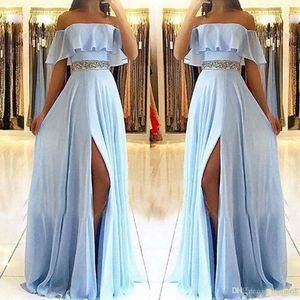 Elegant Light Sky Blue Sexy A Line Prom Dresses Off Shoulder Beading Belt Women Long Side Slit Chiffon 2019 Evening Dresses Custom Made