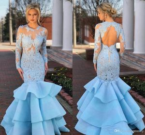 Niebo Blue Mermaid Suknie Wieczorowe Koronki Z Długim Rękawem Caftan Ruffles Hollow Prom Suknie Plus Rozmiar Specjalna okazja Formalna sukienka imprezowa