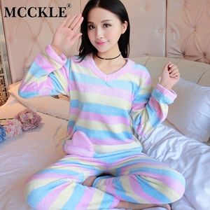 Mcckle Women's Striped Flannel Pajamas Suit Coral Velvet Söt söta pyjamas Sats 2019 Vår Vinter Hemkläder Kvinna 2 stycken J190613