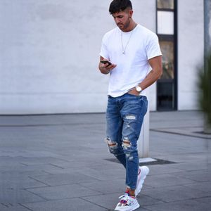 Mens Jeans Solid Color Hole and Distressed New Casual Style Slim Denim Jeans European and American Style Hot Sale Jeans Asian Size S-3XL