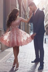 2020 Dusty Pink New Arabic Style Homecoming Dresses Off Shoulders Lace Appliques Cap Sleeves Short Prom Dresses Backless Cocktail Dresses