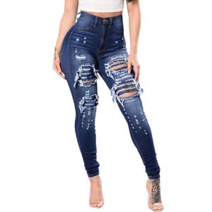 Hög midja rippade jeans för kvinnliga byxor plus storlek mager jeans 2020 Ny denim pojkvän spets smala sträckhål