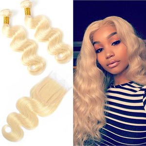 Indian Raw Human Hair 3 Pieces One Set 613# Blonde Body Wave Bundles With 4*4 Lace Closure Middle Three Free Part 8-30inch Baby Hair