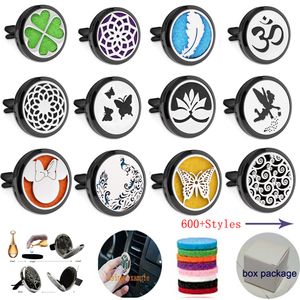 600+ Designs 30mm Aromaterapi Essential Oljediffusor Locket Svart Magnetöppning Bil Air Freshener med ventilationsklämma (Gratis 10 filtkuddar)