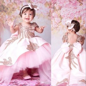 2023 Pink Flower Girls Dresses Ball Gown Rose Gold Sequins Cap Sleeves Tulle High Low Length Birthday Dresses First Communion Girls Pageant Gowns