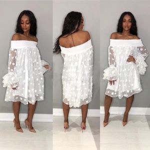 Summer Women Off Shoulder Midi Dresses Black White Cute Girls Long Petal Sleeve Sheer Slash Neck Casual Dress S-3XL