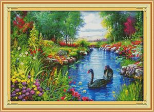 The peaceful landscape Swan home decor painting ,Handmade Cross Stitch Embroidery Needlework sets counted print on canvas DMC 14CT /11CT