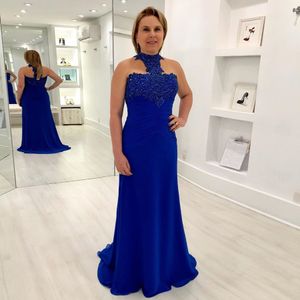 Blue Column Beaded Mother Of The Bride Dresses Halter Neck Sequined Evening Gowns Floor Length Plus Size Chiffon Pleated Wedding Guest Dress 407