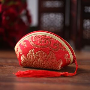 Seashell Kırmızı Fermuar Takı Hediye Çantası Püskül Çin İpek Brocade Düğün Parti Ambalaj Kılıfı Şeker Çikolata Gelin Favor