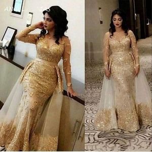 Nuovo sexy Gold Champagne Mermaid Prom Tulle Leci Appliques Crystal Perline per perline over Abiti da sera da sera lunghi abiti da sera