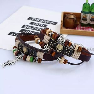 New Crânio dos peixes de couro pulseiras Multilayer Handmade Beads Charme ajustável Friendship Bracelet para as Mulheres Homens Jóias