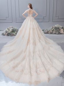 2020 Luxury Bridal Wedding Dress Fantasy Crystal High Neck Chiffon Hollow Heart Backless Design Lace Wedding Dresses BLN002