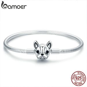 Bamoer 100% äkta 925 Sterling Silver French Bulldog Doggy Snake Chain Women Armband Bangles Silver Smycken 17-19cm SCB075 T7190615