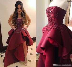 Bury Beaded Crystal Prom Dresses High Low Strapless Satin Tulle Tiered Skirt Evening Party Formal Gown