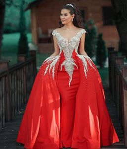 Sparkly Beads Red Prom Dresses With Detachable Train Sequins Off Shoulder Mermaid Evening Dresses Long Formal Party Gowns robe de soiree