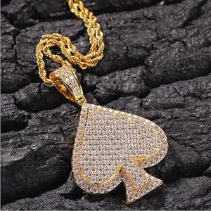 14K Gold Iced Out Spades Spielkarten Anhänger Halskette Bling Micro Pave Zirkonia Simulierte Diamanten mit 3mm 24inch kubanischer Kette