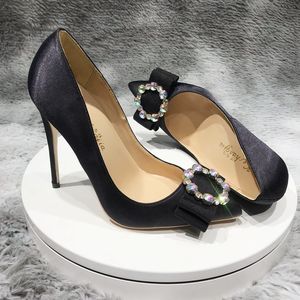 Real photo Fashion Women black satin Leather crystal bow strass Pumps for Wedding Pointed Orange Sexy High Heels Shoes 12cm stilettos