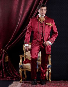 Serin 3 Adet Nakış Kırmızı Groomsmen Mandarin Yaka Damat smokin Erkekler Düğün / Gelinlik / Akşam Sağdıç Blazer (ceket + pantolon + Kravat + Vest) Suits