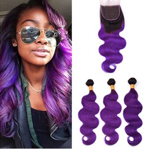 Ombre Purple Body Wave Hair Bundles with Closure Brazilian Human Hair 3 Bundles #1B/Purple Ombre Weave Wefts with 4x4 Lace Top Closure
