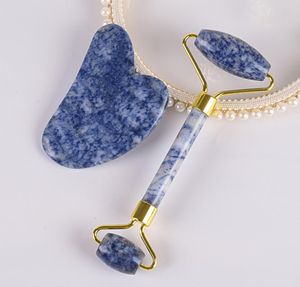 Dubbelsvetsad ansiktsmassageverktyg Naturblå Jade Sodalite Roller och Gua Sha Set Jade Facial Roller