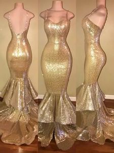 Guld paljetterad tiered kjol aftonklänningar 2019 sjöjungfrun stil band pärlstav spaghetti rygglösa balklänningar special tillfälle klänning formella klänningar