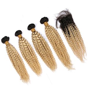 Malaysiska kinky Curly Ombre Mänskliga hårförlängningar med stängning # 1B 613 Ombre Blond Curly Virgin Hair Weaves 4 buntar med spetslås 4x4