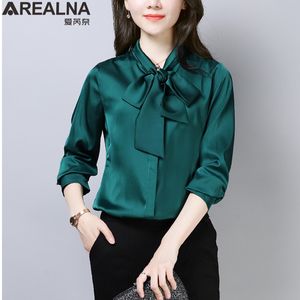 2020 frühling Silk Satin bluse Frauen Langarm Elegante Bogen Damen büro tragen shirts weiß schwarz grün mode frauen kleidung