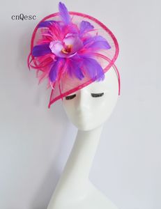 2021 Hot Pink Purple Sinamay Fascinator Net Hat Dames Formele Jurk Hoed voor Bruiloft Bruids Douche Moeder van de Bruid W Feathers