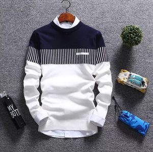 Gestreifte Pullover Herren Rundhalspullover Tops Halb Blau Halb Weiß Winter Strickpullover Langarm Pullover Neu