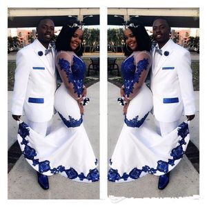 New Prom Dresses White Satin Royal Blue Lace African Long Illusion Sleeves Applique Formal Evening Gowns Pageant Celebrity Dress 98