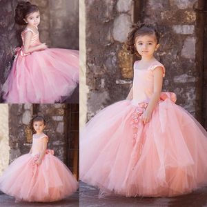 New Modern Lovely Pink Drop Waist Designer Kids' Dresses Tulle Square Neck Cap Sleeves Handmade Flower Bow Sash Kids Party Gowns