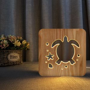 Kreativ träsköldpadda nattljus för barn barn födelsedagsgåva solid trä ihålig snidad nattlampa 3d djur sköldpadda bordslampa